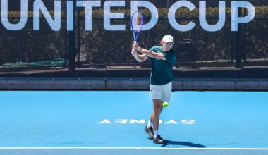 Alex de Minaur trains on Tuesday in Sydney ahead of the United Cup.