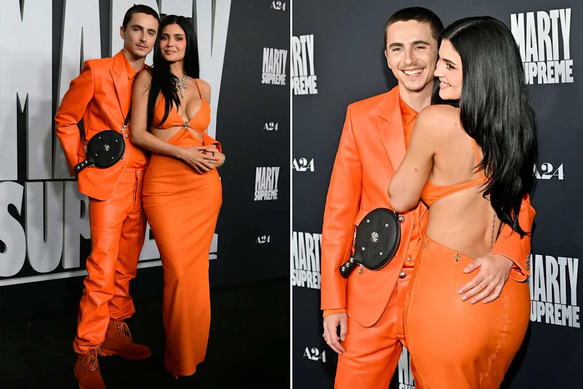 Kylie Jenner and Timothée Chalamet Twin in Matching Bright Orange Outfits for “Marty Supreme” Premiere