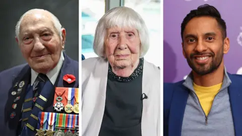 Getty Images/James Manning/PA Wire A composite of Mervyn Kersh, Betty Brown and Bobby Seagull. Kersh is in military uniform with medals pinned to his chest. He has short grey hair. Brown has a white bob haircut and is wearing a white jacket with a black top and black necklace. Seagull is in a blue blazer with a grey quarter zip jumper and yellow T-shirt underneath. 