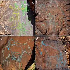 Rock art panels at Jebel Arnaan served as guides to water in the Arabian desert. Monumental rock art illustrates that humans thrived in the Arabian Desert during the Pleistocene-Holocene transition. Credit: Nature Communications