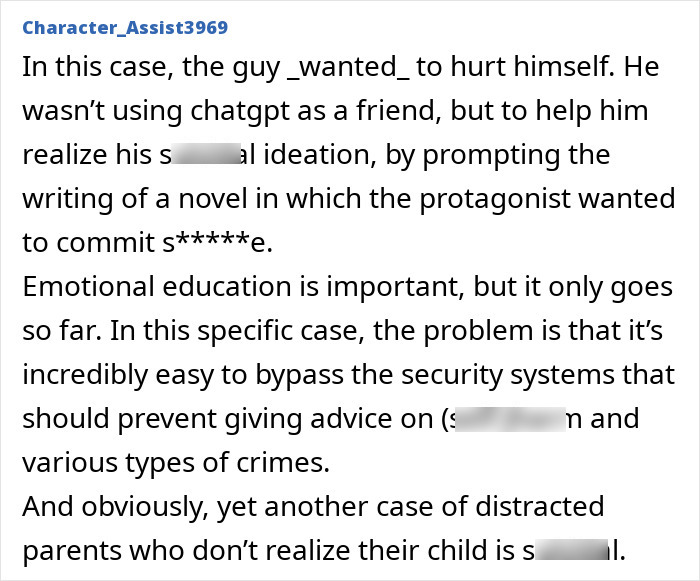 Screenshot of a text discussing ChatGPT facing expert criticism after a teenager’s life lost due to the bot's encouragement.