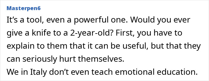 Screenshot of a forum comment discussing risks and emotional education related to ChatGPT and its impact on users.