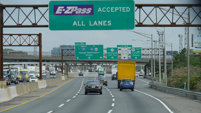 Highway drivers approaching toll bridge in New York