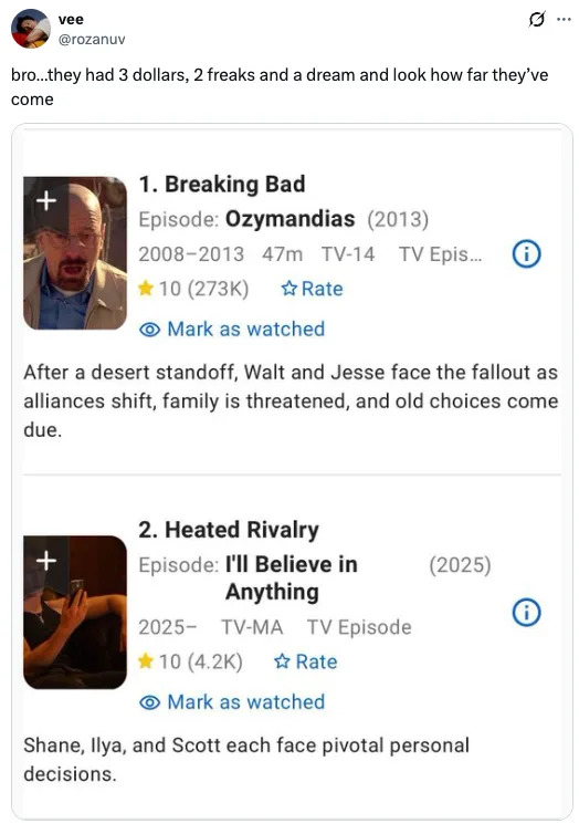 Tweet with satirical TV episode descriptions: "Breaking Bad: Ozymandias" on personal fallout, and "Heated Rivalry" about Shane, Ilya, and Scott's drama