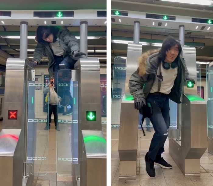 subway rider commits fare evasion by climbing over new turnstile 