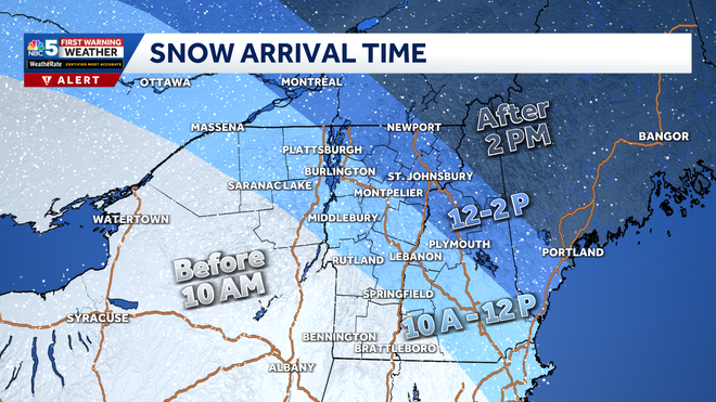 Snow Arrival Time (12-23-25) Forecast snow arrival time through Tuesday morning and early afternoon.