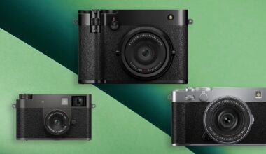 Three compact cameras with textured grips are displayed against a green, diagonally split background. The top camera is black, the lower left is black, and the lower right has a silver and black body.