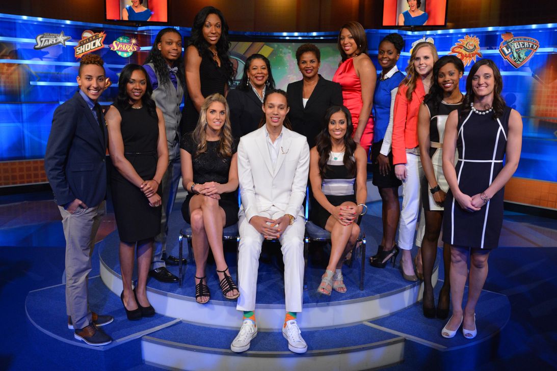Participants pose for a group photo prior to the 2013 WNBA Draft, with Brittney Griner and her eye-popping suit front and center.