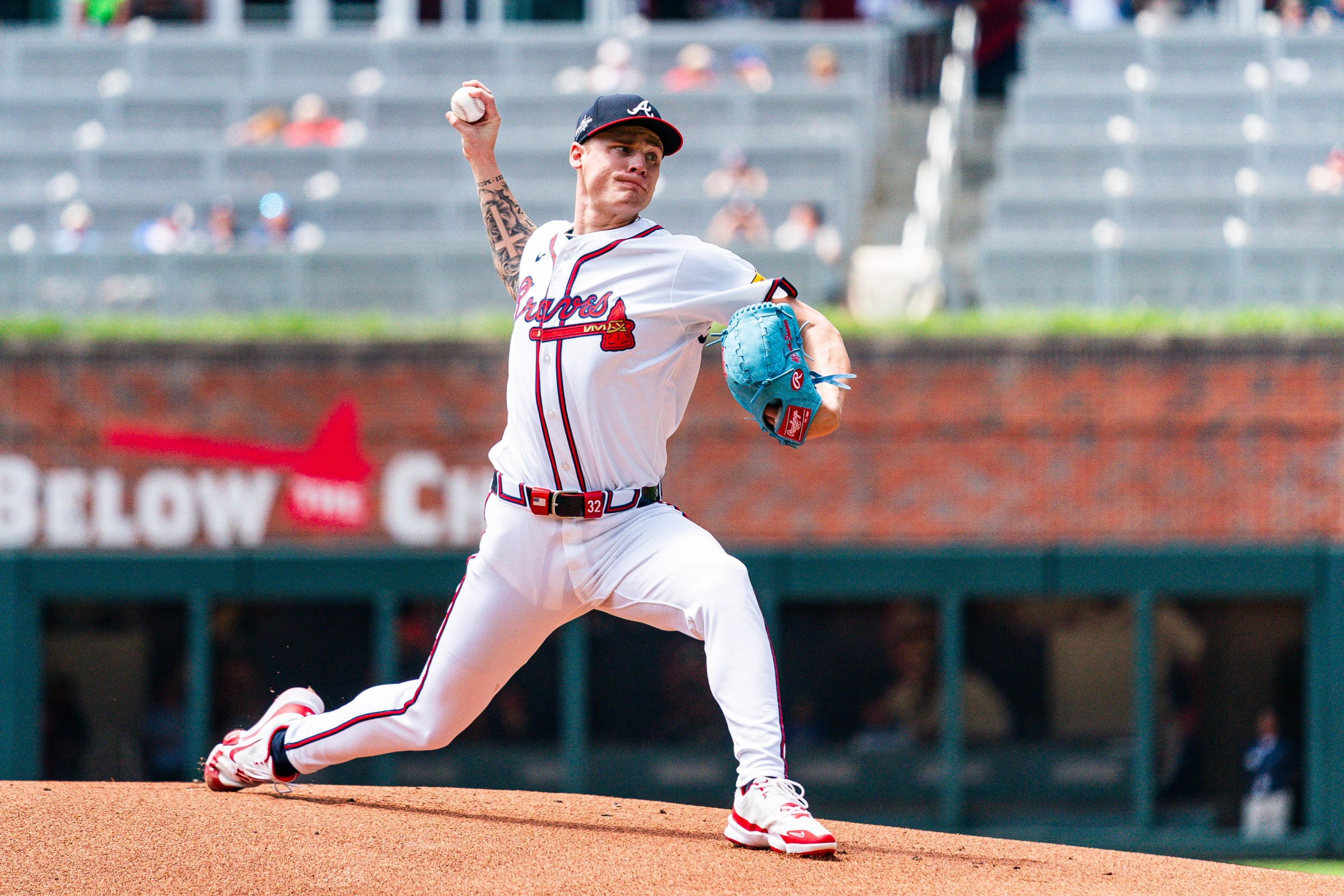 ATLANTA, GA - MAY 15: AJ Smith-Shawver #32 of the Atlanta Braves pitches in the first inning against the Washington Nationals at Truist Park on May 15, 2025 in Atlanta, Georgia. (Photo by Matthew Grimes Jr./Atlanta Braves/Getty Images)