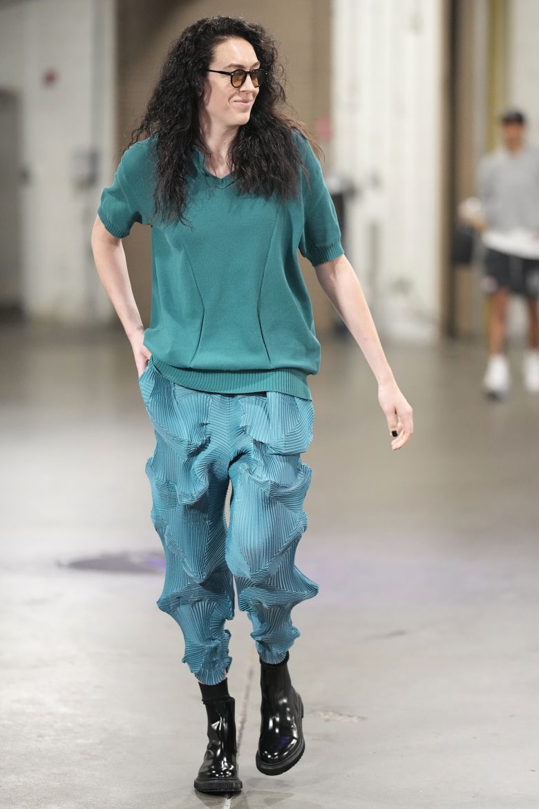 Breanna Stewart of the New York Liberty arrives at the arena before a game against the Indiana Fever.