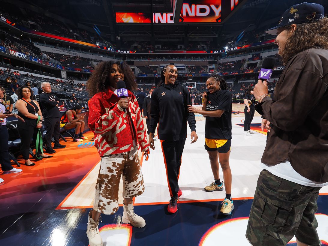 Ahead of the 2025 WNBA All-Star Game, Sydney Colson (left) wears another unique look from the weekend, alongside Kayla Thornton and Kelsey Mitchell of Team Clark and Theresa Plaisance (right).