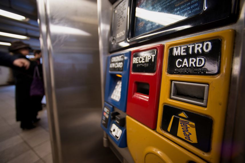 A MetroCard vending machine stands at the 14th Street-Union Square subway station in New York, on March 26, 2015.