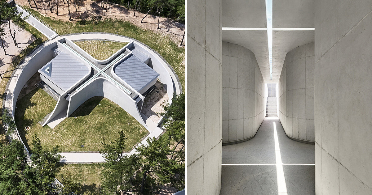 cruciform skylight illuminates subterranean prayer room in korea