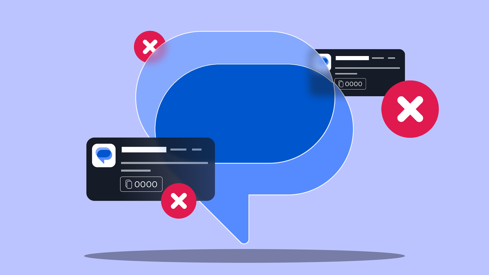 Illustration of stylized Google Messages notifications showing OTP messages, with red X icons around them.