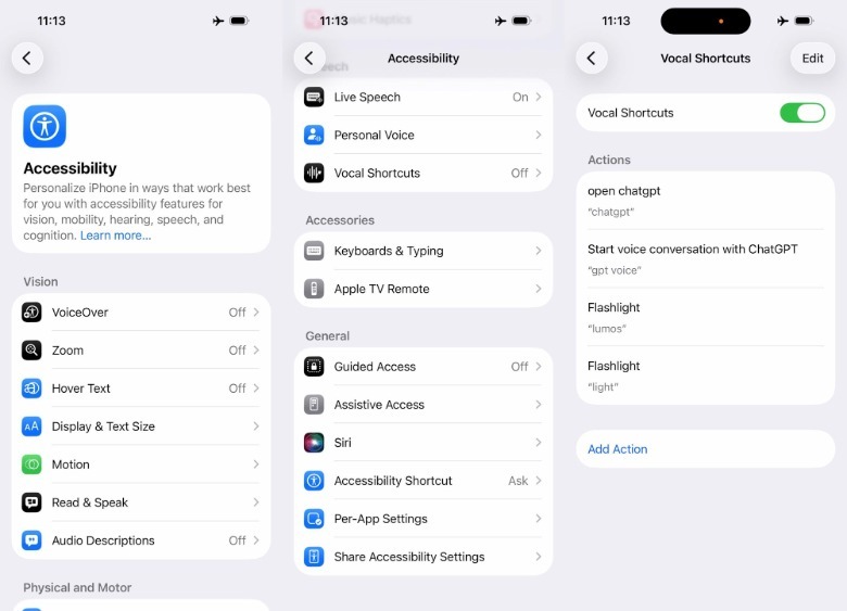 Setting up a Vocal Shortcut for the iPhone flashlight.