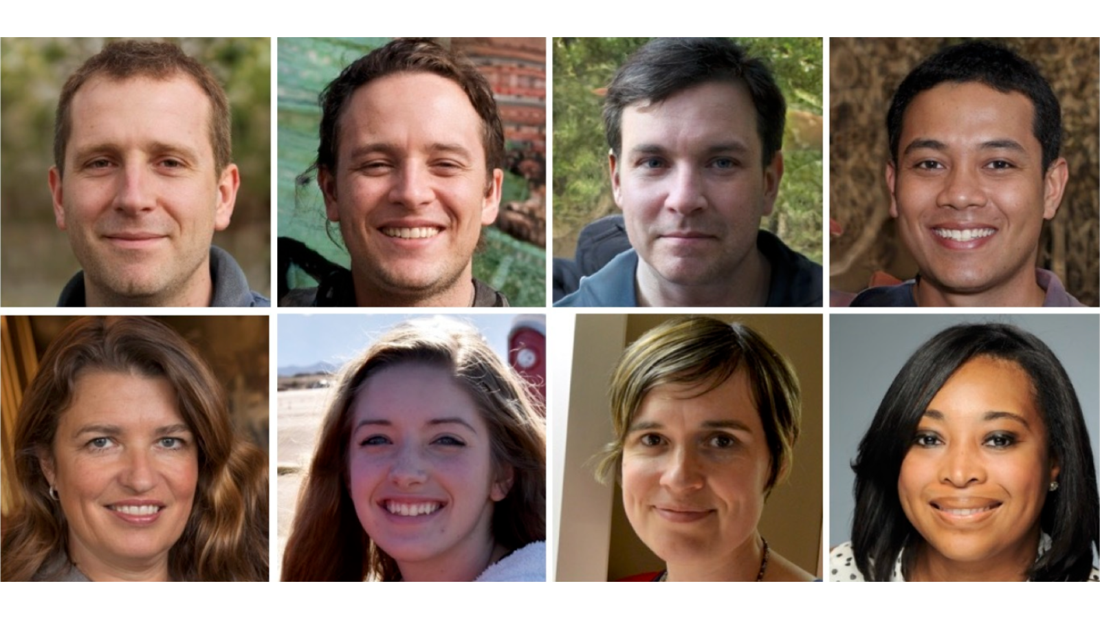 Eight images of a single face. Top row are fake faces, bottom row are real faces.