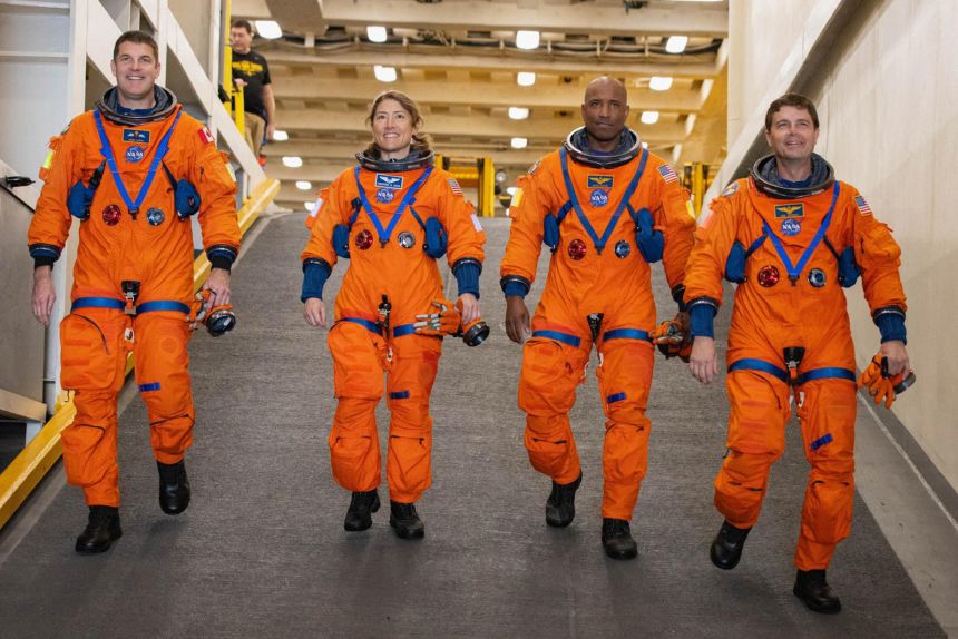 The Artemis II crew members (from left) — Canadian Space Agency astronaut Jeremy Hansen and NASA astronauts Christina Koch, Victor Glover and Reid Wiseman — on the USS San Diego during a recovery test in February 2024.