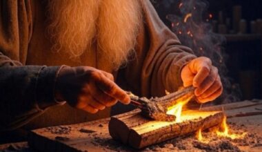 illustration of old man with long white hair and beard conducting a tabletop experiment with wood and fire