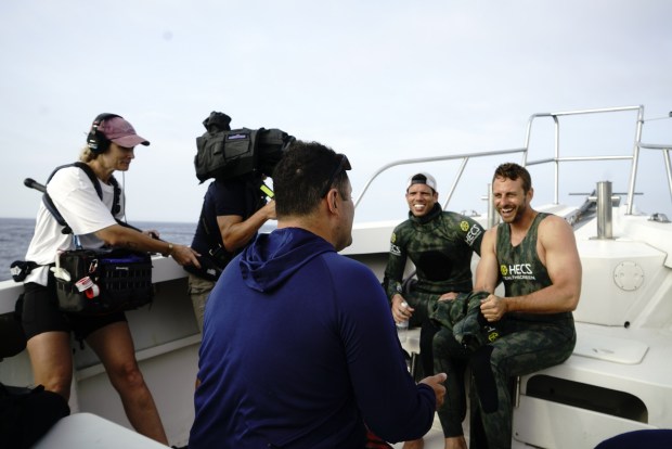 "All the Sharks" competitors Brendan Talwar (second from right) and Chris Malinowski are filmed for the Netflix show. (Netflix)