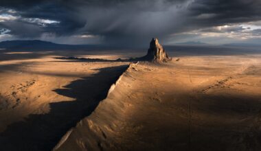 An aerial photo by Karol Nienartowicz of Ship Rock in New Mexico