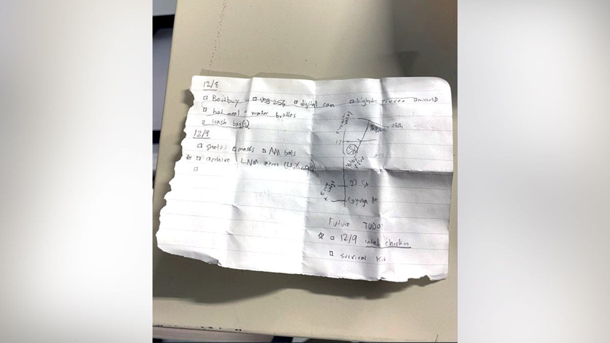 Prosecutors released a photo of a handwritten note they say police found in Luigi Mangione's possession at the time of his arrest that depicted a Best Buy list and "to-do" list.