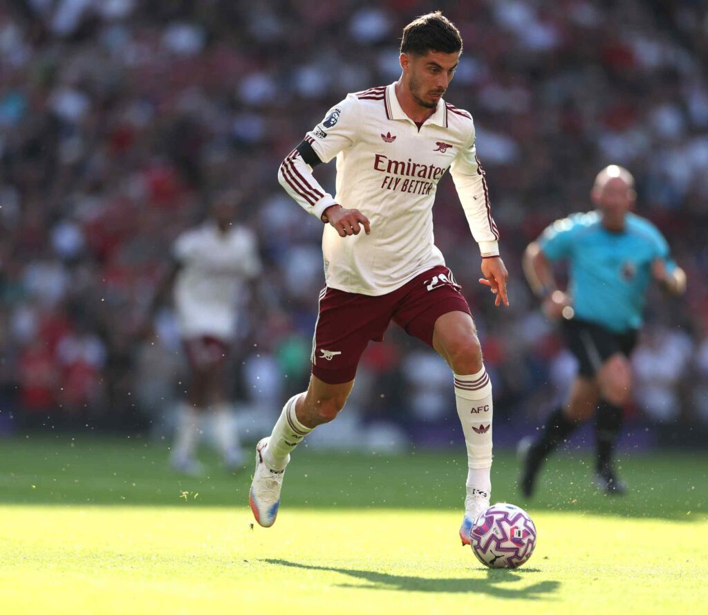 MANCHESTER, ENGLAND - AUGUST 17: Kai Havertz of Arsenal in action during the Premier League match between Manchester United and Arsenal at Old Trafford on August 17, 2025 in Manchester, England. (Photo by Stu Forster/Getty Images)