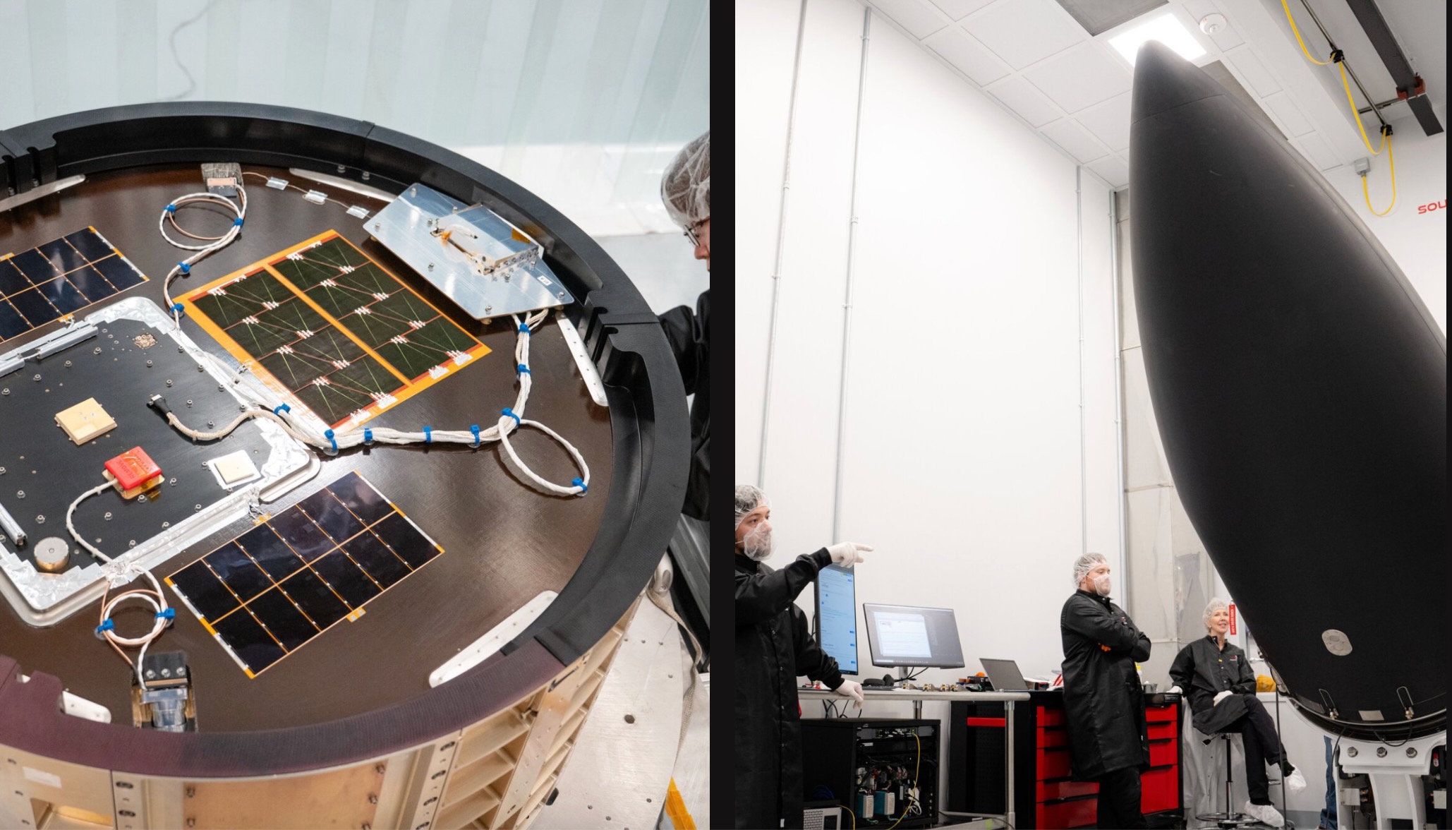 side by side photos showing a closeup of a disk-shaped satellite and a black rocket nose cone inside a large white room.