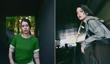 Split image: Left side shows a woman in a green shirt standing in a dimly lit tunnel, looking at the camera. Right side shows the same woman leaning on a railing under a bridge, gazing thoughtfully to the side.