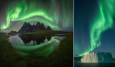 Split image: On the left, green northern lights swirl above jagged mountains reflected in a calm lake; on the right, green aurora lights dance above a large iceberg under a starry night sky.