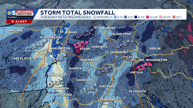 Northern VT snow map wednesday morning snow
