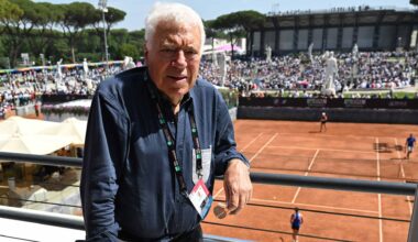 Nicola Pietrangeli in 2022 posed for a photo at the Foro Italico, home of the Internazionali BNL d'Italia, where a court is named after him.