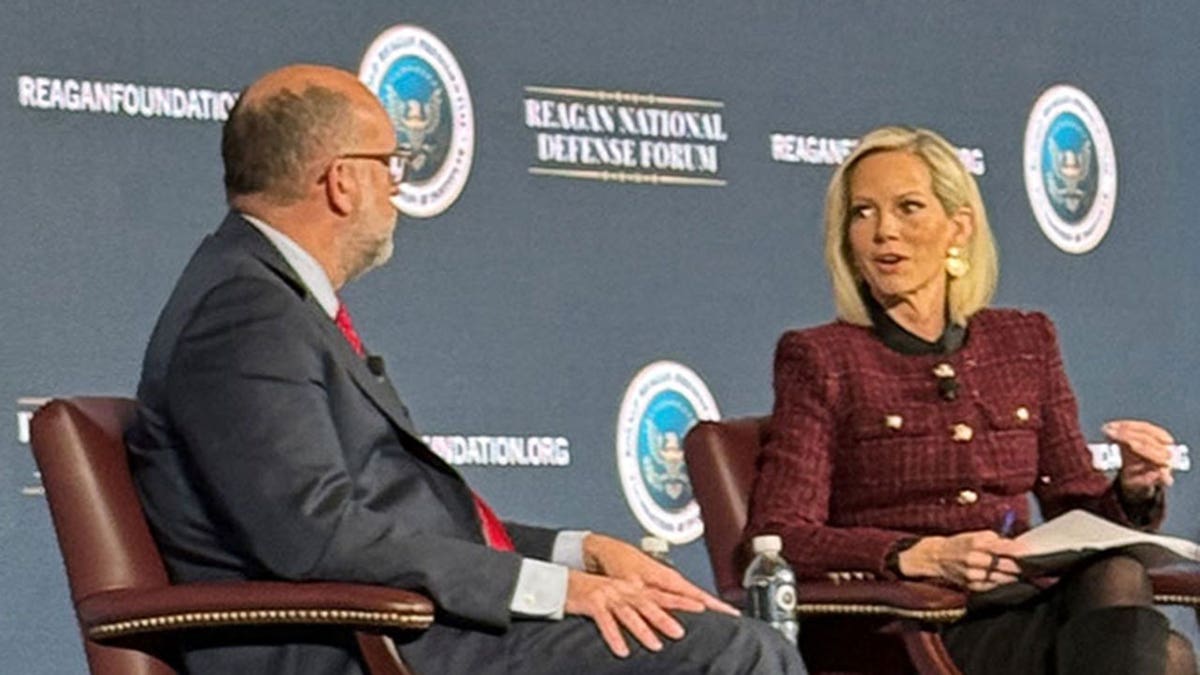 Fox News Channel's Shannon Bream (r.) interviews Office of Management and Budget Director Russ Vought at the Reagan National Defense Forum Saturday, in Simi Valley, Calif.