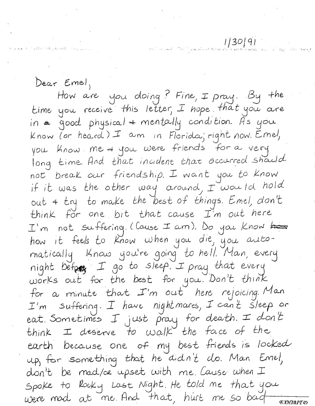 The first page of the letter Emel McDowell received in jail in early 1991.