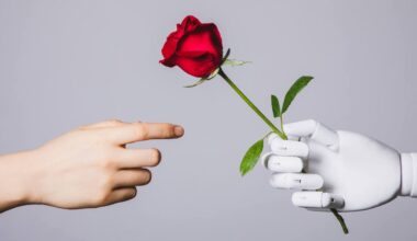 human hand reaching for red rose in robotic hand