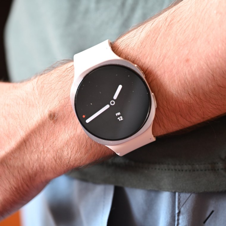 A close-up of the Samsung Galaxy Watch 8 with an analog-inspired watch face.