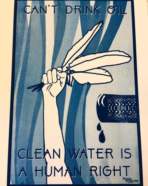 A hand holding feathers is raised beside a leaking oil pipe. Text reads: "CAN'T DRINK OIL. CLEAN WATER IS A HUMAN RIGHT.