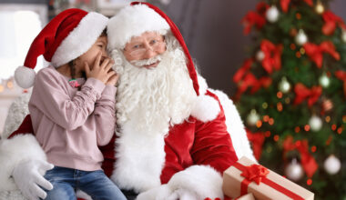 Little girl whispering in authentic Santa Claus