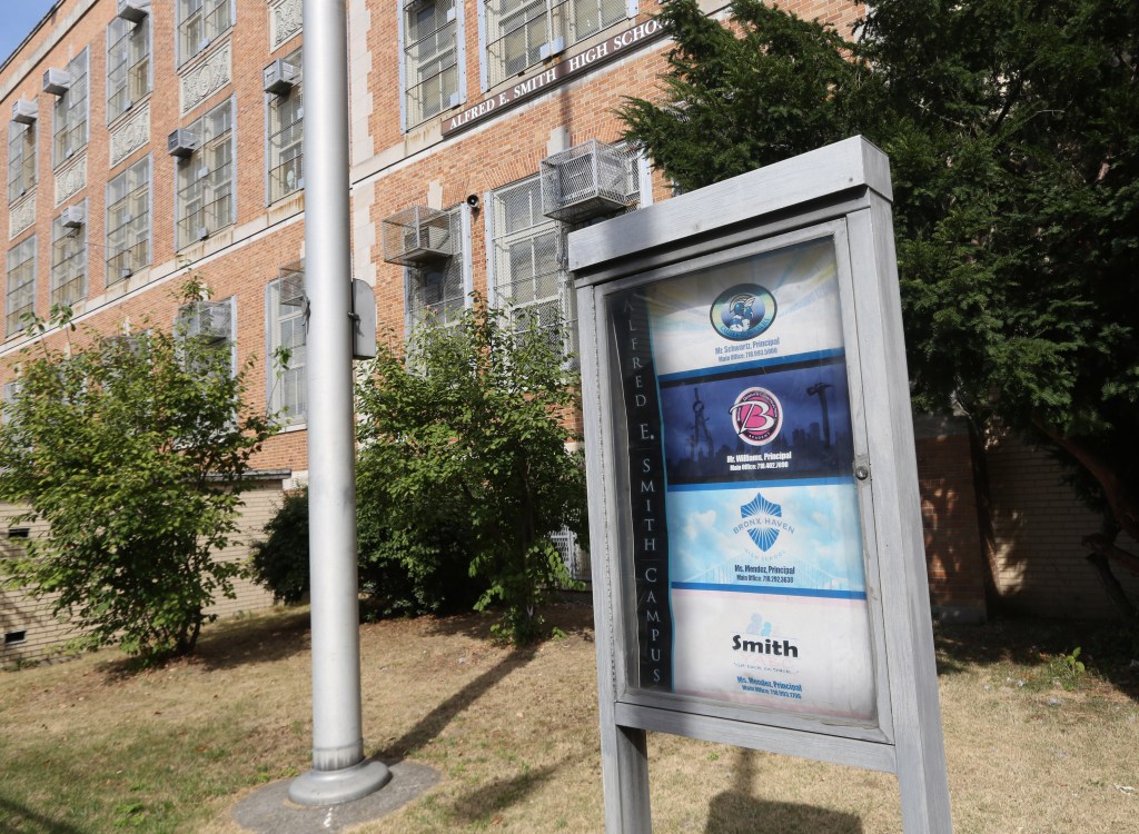 Sign for Bronx Design & Construction Academy at Alfred E. Smith High School campus.