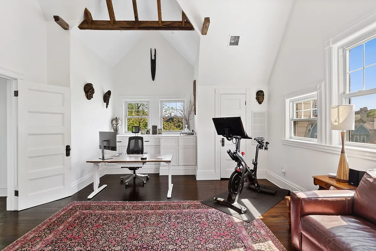 family room with vaulted ceiling, room for an office