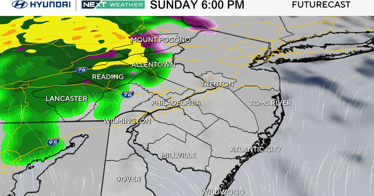 A weather map shows a rain system approaching the area from the west on Sunday at 6 p.m.
