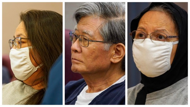 Leticia McCormack, left, and her parents, Stanley and Adella Tom, appear in El Cajon Superior Court on Wednesday. (Alejandro Tamayo / The San Diego Union-Tribune)