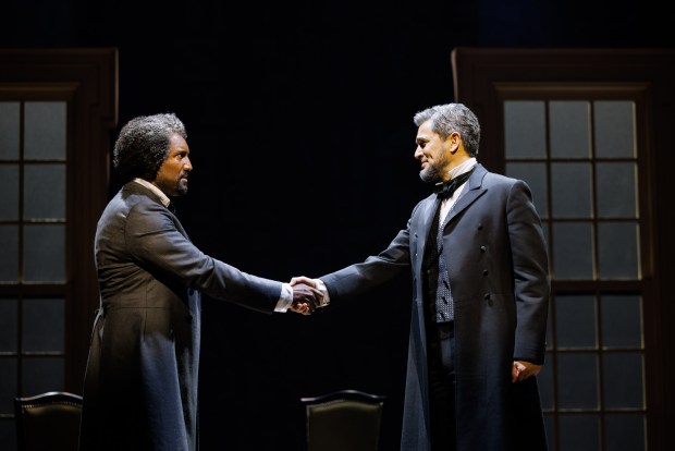 Quentin Earl Darrington as Frederick Douglass, left, and Ivan Hernandez as President Abraham Lincoln in La Jolla Playhouse's world-premiere musical "3 Summers of Lincoln." (Rich Soublet II)