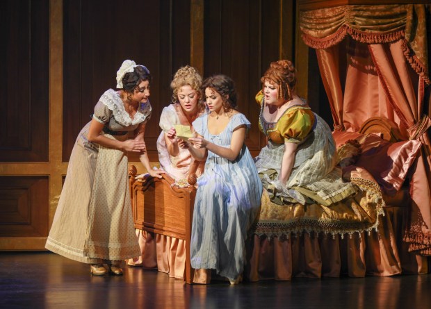 Krystina Alabado as Dabney, left, Kate Rockwell as Jane, Isabelle McCalla as Elinor and Ryann Redmond as Petunia in the Old Globe's world premiere musical "Regency Girls," (Jim Cox)