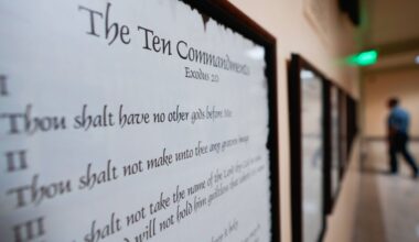 A copy of the Ten Commandments is posted along with other historical documents in a hallway of the Georgia Capitol, June 20, 2024, in Atlanta. (AP Photo/John Bazemore, File)