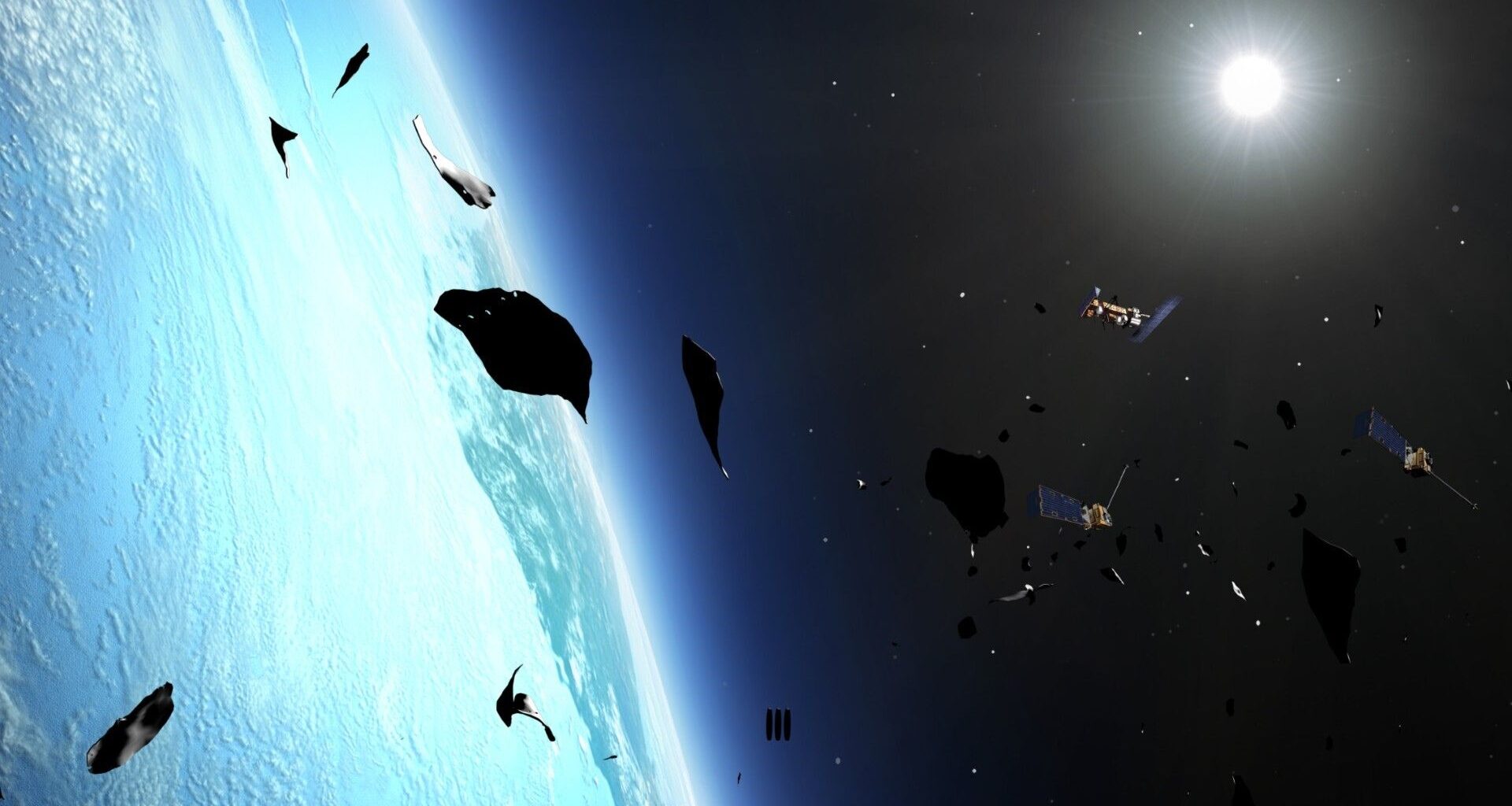 A look at orbital debris floating above Earth's atmosphere in space.