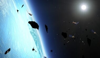 A look at orbital debris floating above Earth's atmosphere in space.