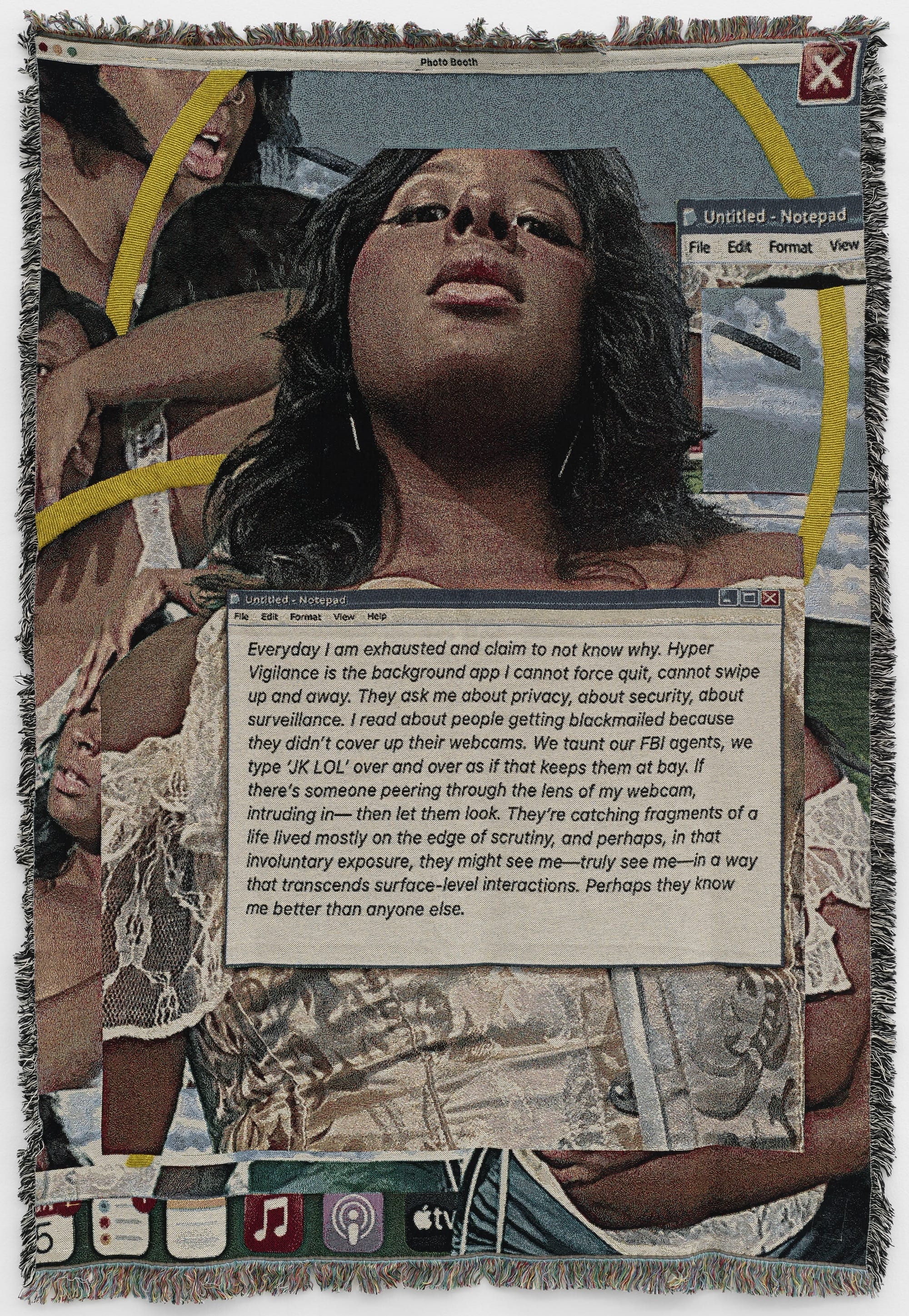 A jacquard weaving artwork by Qualeasha Wood of a digitally collaged image of a Black women with a text box, like a word processing bx on a computer screen, with a paragraph about privacy and webcams