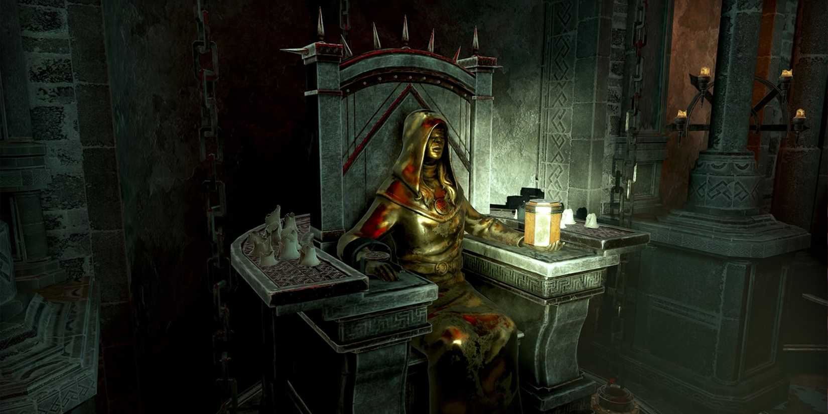 A statue sitting atop a throne in the VR game Ghost Town