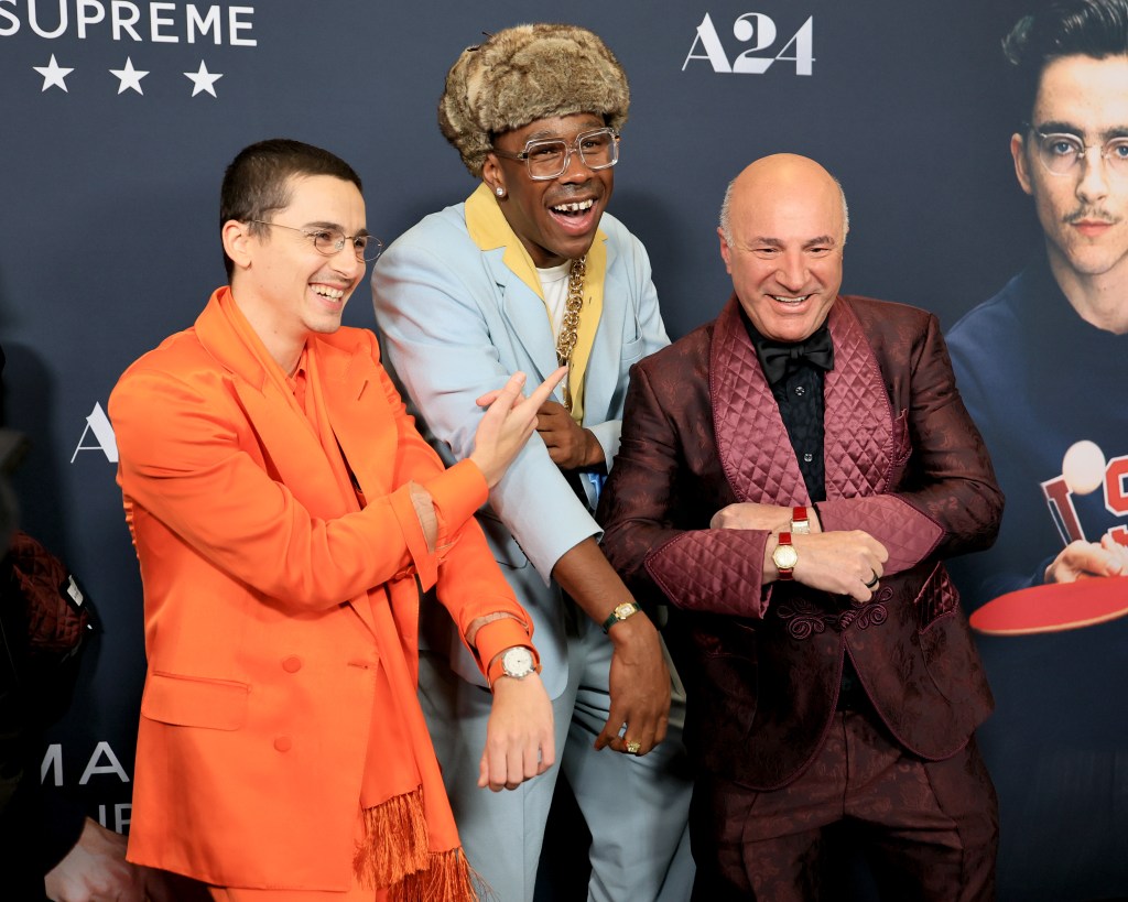 Timothée Chalamet, Tyler The Creator, and Kevin O'Leary attend A24's "Marty Supreme" New York Premiere