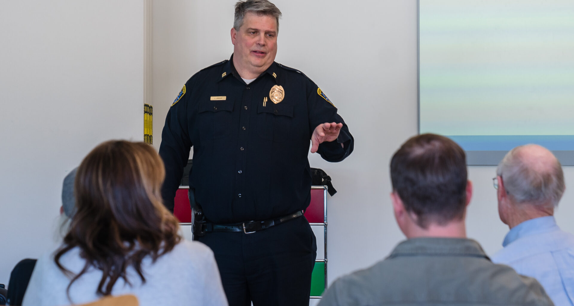 Captain Jeffrey Jordon speaks during a Smart Streetlights & Automated License Plate Recognition Community Meeting in Point Loma on March 6, 2023.